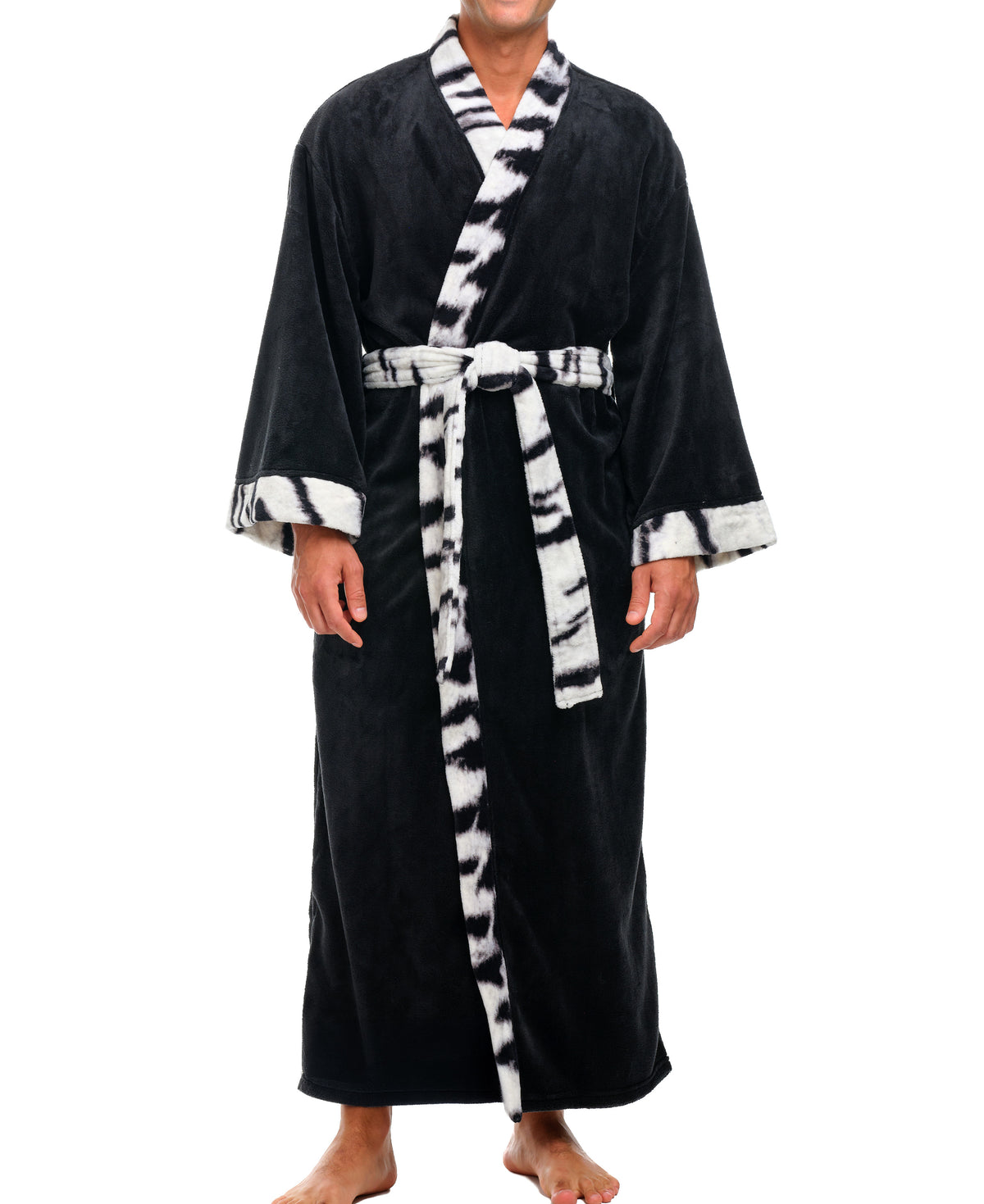 Mens White Tiger Print Accent Kimono Robe, Japanese Robe for Men