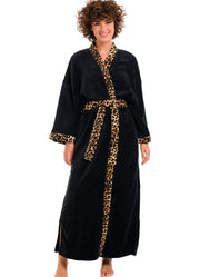 Womens Black with Leopard Print Accents Kimono Robe, Robe for Women