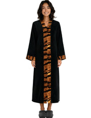 Womens Black with Tiger Print Accents Zip Up Kimono Robe, Japanese Robe for Women