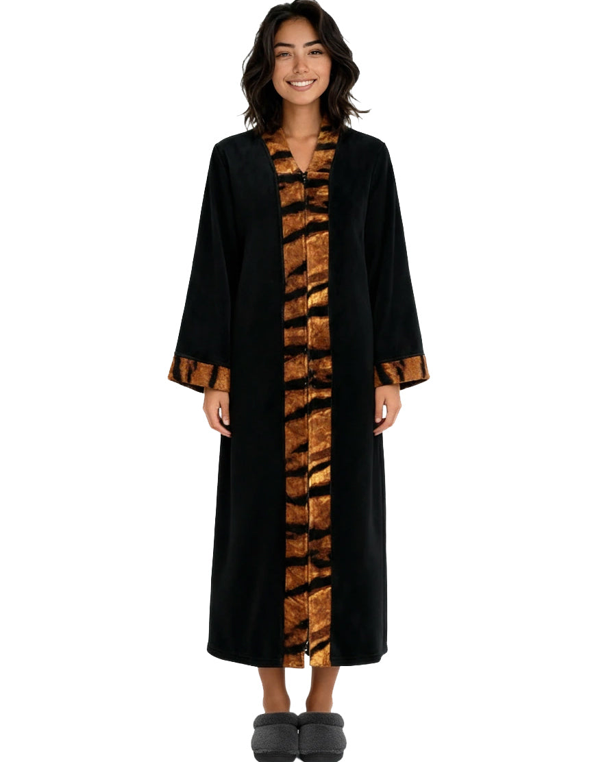 Womens Black with Tiger Print Accents Zip Up Kimono Robe, Japanese Robe for Women