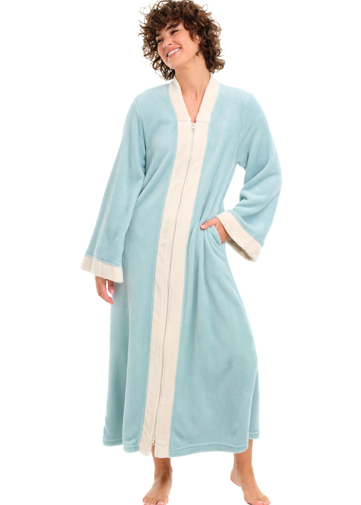Womens Muted Sage Zip Up Kimono Robe, Japanese Robe for Women