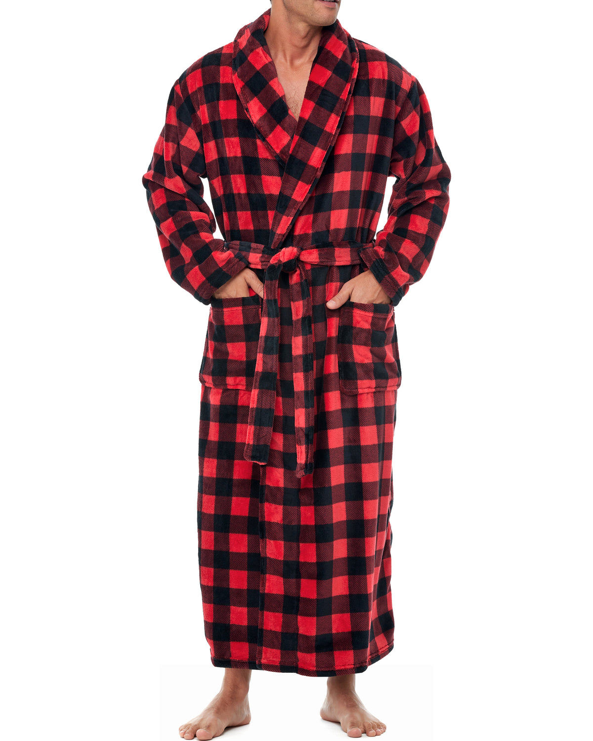 Men's Red Black Buffalo Check Plaid Ultra Plush Fleece Robe, Big and Tall Winter Bathrobe