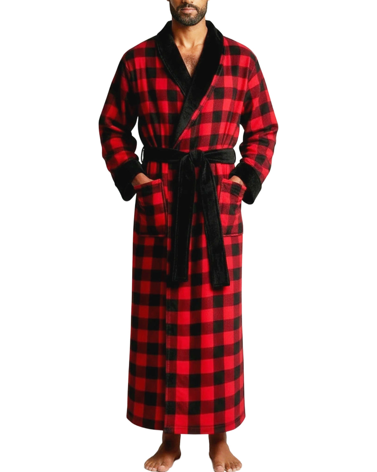 Men's Red Black Buffalo Check Plaid with Black Ultra Plush Fleece Robe, Big and Tall Winter Bathrobe