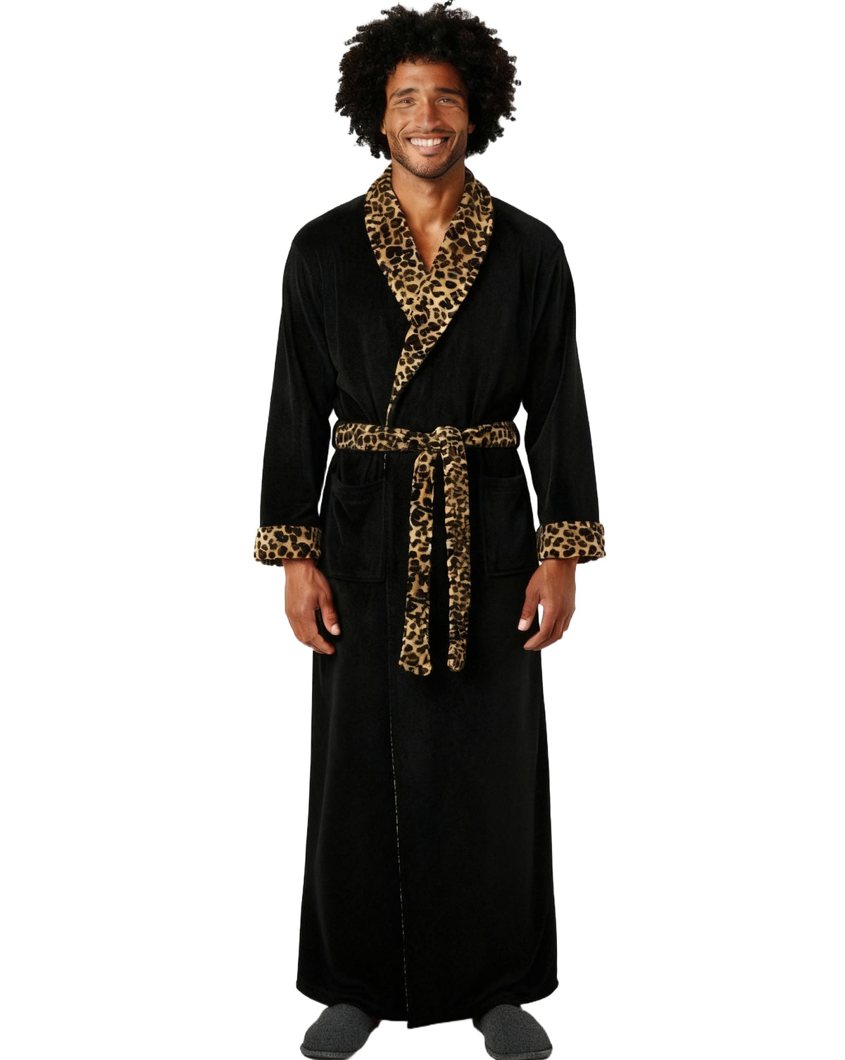 Men's Black with Leopard Print Ultra Plush Fleece Robe, Big and Tall Winter Bathrobe