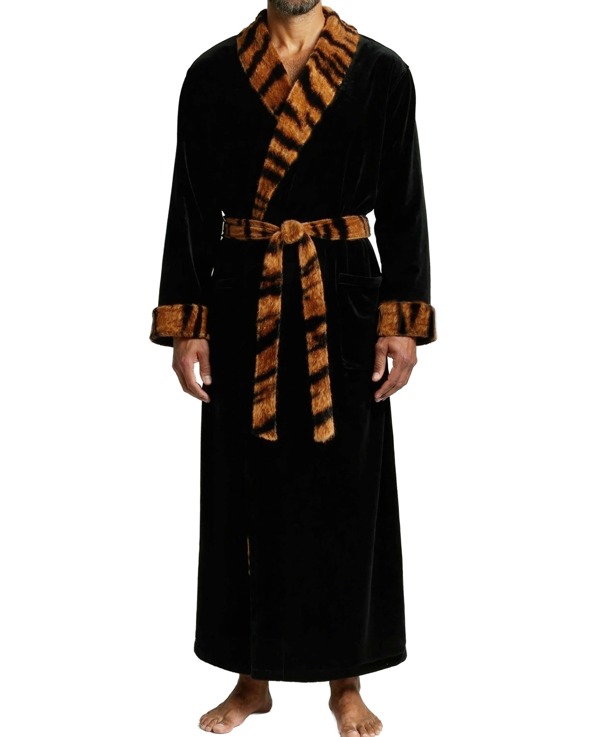Men's Black with Tiger Print Ultra Plush Fleece Robe, Big and Tall Winter Bathrobe