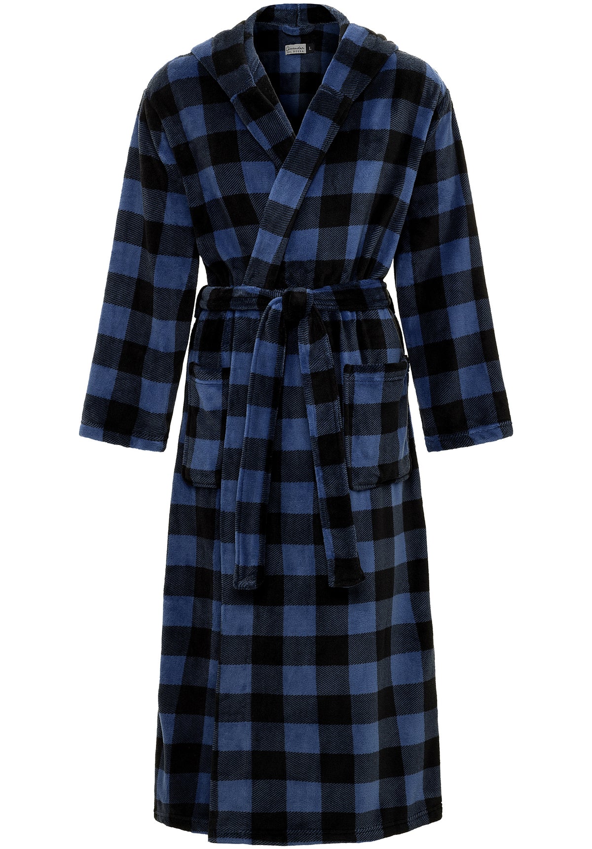 Men's Blue Buffalo Check Plaid Plush Fleece Hooded Bathrobe, Full Length Long Warm Lounge Robe with Hood