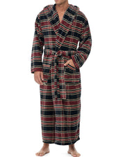 Men's Refined Tartan Plaid Plush Fleece Hooded Bathrobe, Full Length Long Warm Lounge Robe with Hood