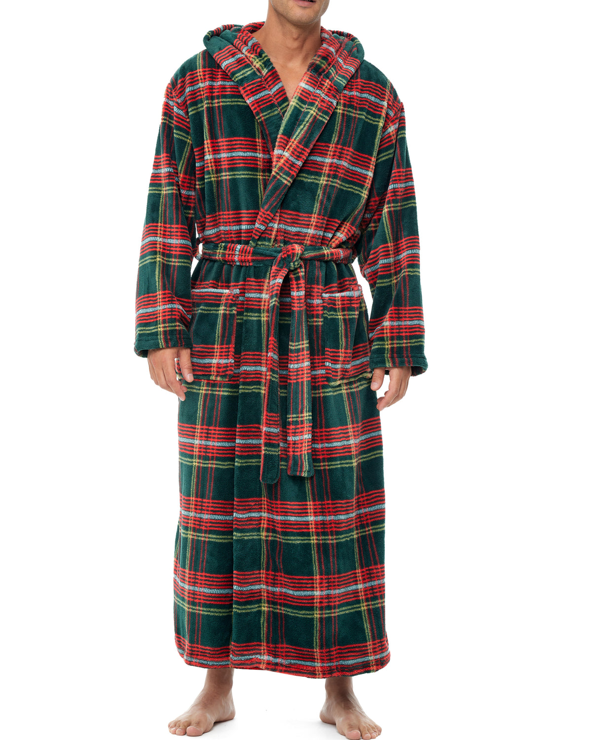 Men's Forest Plaid Plush Fleece Hooded Bathrobe, Full Length Long Warm Lounge Robe with Hood