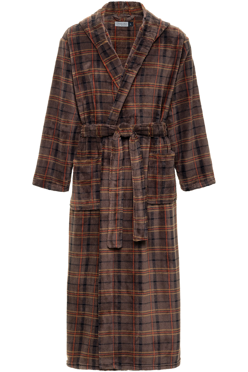 Men's Espresso Plaid Plush Fleece Hooded Bathrobe, Full Length Long Warm Lounge Robe with Hood