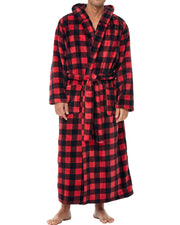 Men's Red Black Buffalo Check Plaid Plush Fleece Hooded Bathrobe, Full Length Long Warm Lounge Robe with Hood