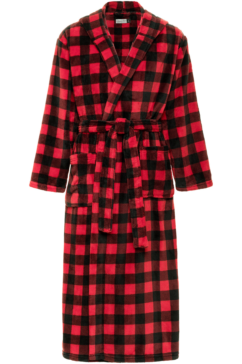 Men's Red Black Buffalo Check Plaid Plush Fleece Hooded Bathrobe, Full Length Long Warm Lounge Robe with Hood