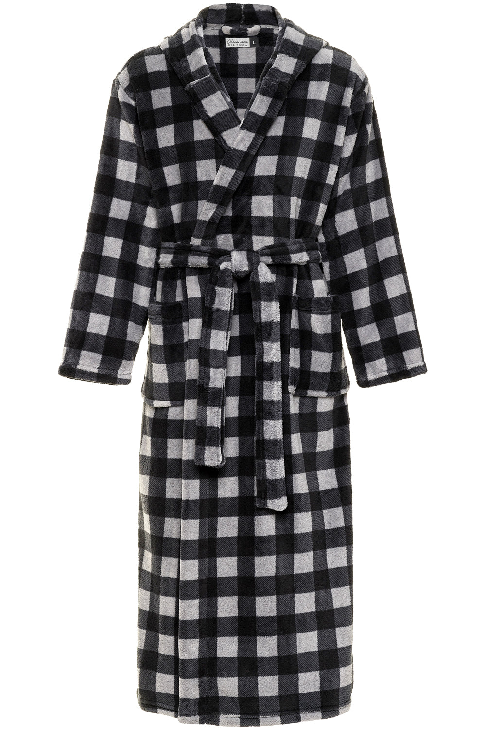 Men's Gray Buffalo Check Plush Fleece Hooded Bathrobe, Full Length Long Warm Lounge Robe with Hood