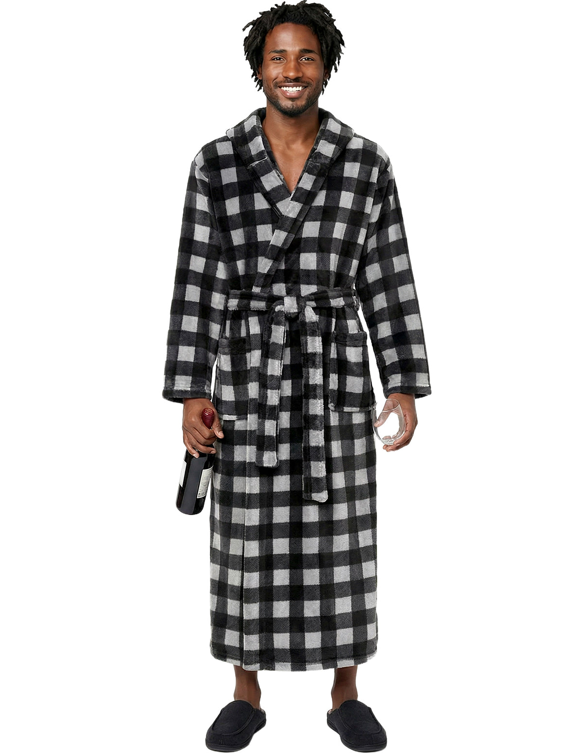 Men's Gray Buffalo Check Plush Fleece Hooded Bathrobe, Full Length Long Warm Lounge Robe with Hood