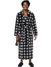 Men's Gray Buffalo Check Plush Fleece Hooded Bathrobe, Full Length Long Warm Lounge Robe with Hood