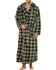 Men's Military Buffalo Check Plush Fleece Hooded Bathrobe, Full Length Long Warm Lounge Robe with Hood