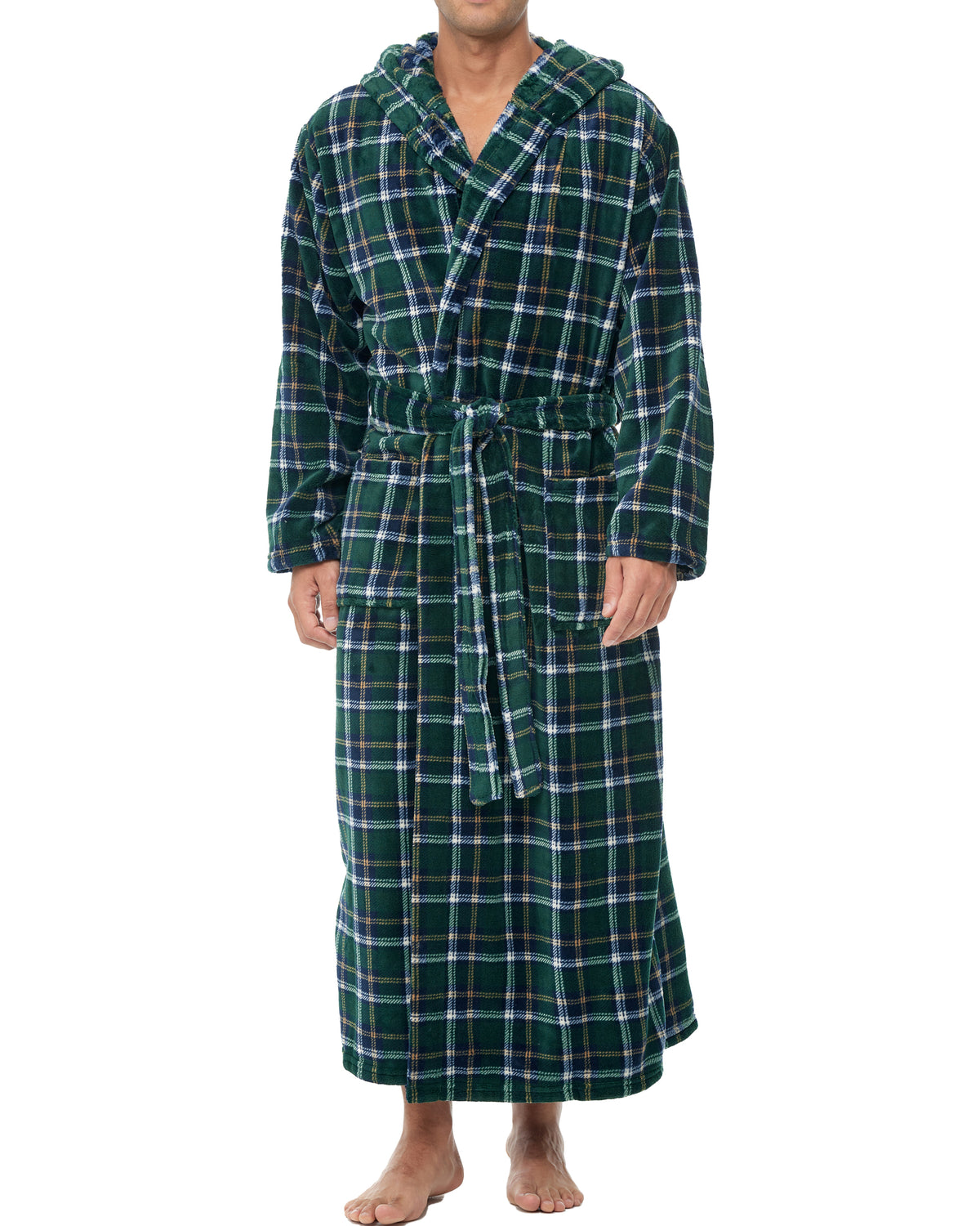 Men's Hunter Green Plaid Plush Fleece Hooded Bathrobe, Full Length Long Warm Lounge Robe with Hood