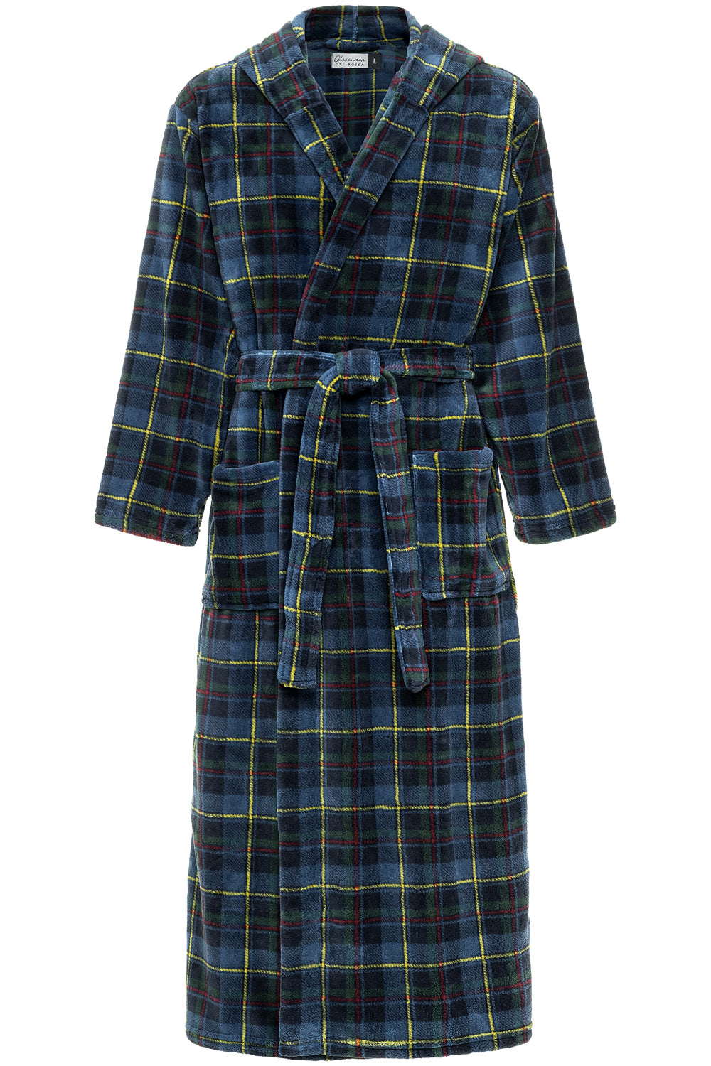 Men's Highland Tartan Plaid Plush Fleece Hooded Bathrobe, Full Length Long Warm Lounge Robe with Hood