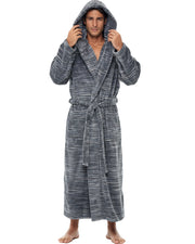 Men's Dark Heathered Gray Plush Fleece Hooded Bathrobe, Full Length Long Warm Lounge Robe with Hood