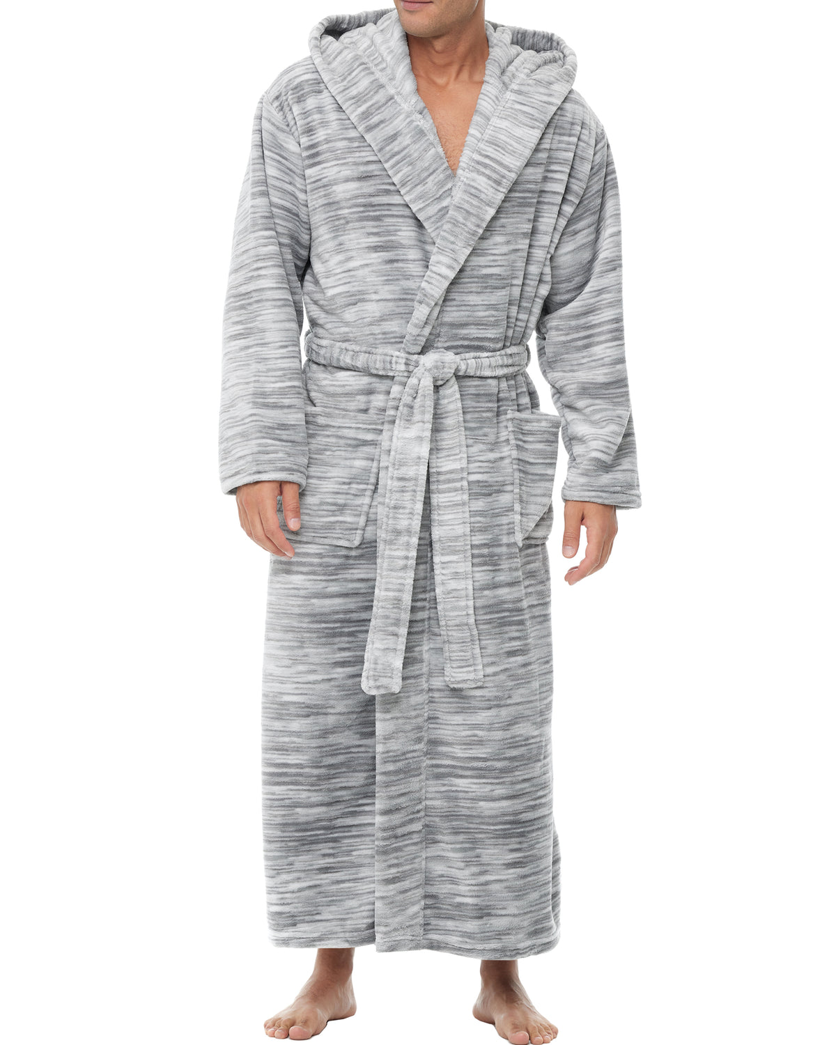 Men's Light Heathered Gray Plush Fleece Hooded Bathrobe, Full Length Long Warm Lounge Robe with Hood