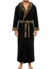 Men's Black with Leopard Print Plush Fleece Hooded Bathrobe, Full Length Long Warm Lounge Robe with Hood