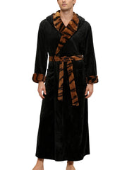 Men's Black with Tiger Print Plush Fleece Hooded Bathrobe, Full Length Long Warm Lounge Robe with Hood