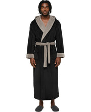 Men's Black and Tan Plush Fleece Hooded Bathrobe, Full Length Long Warm Lounge Robe with Hood