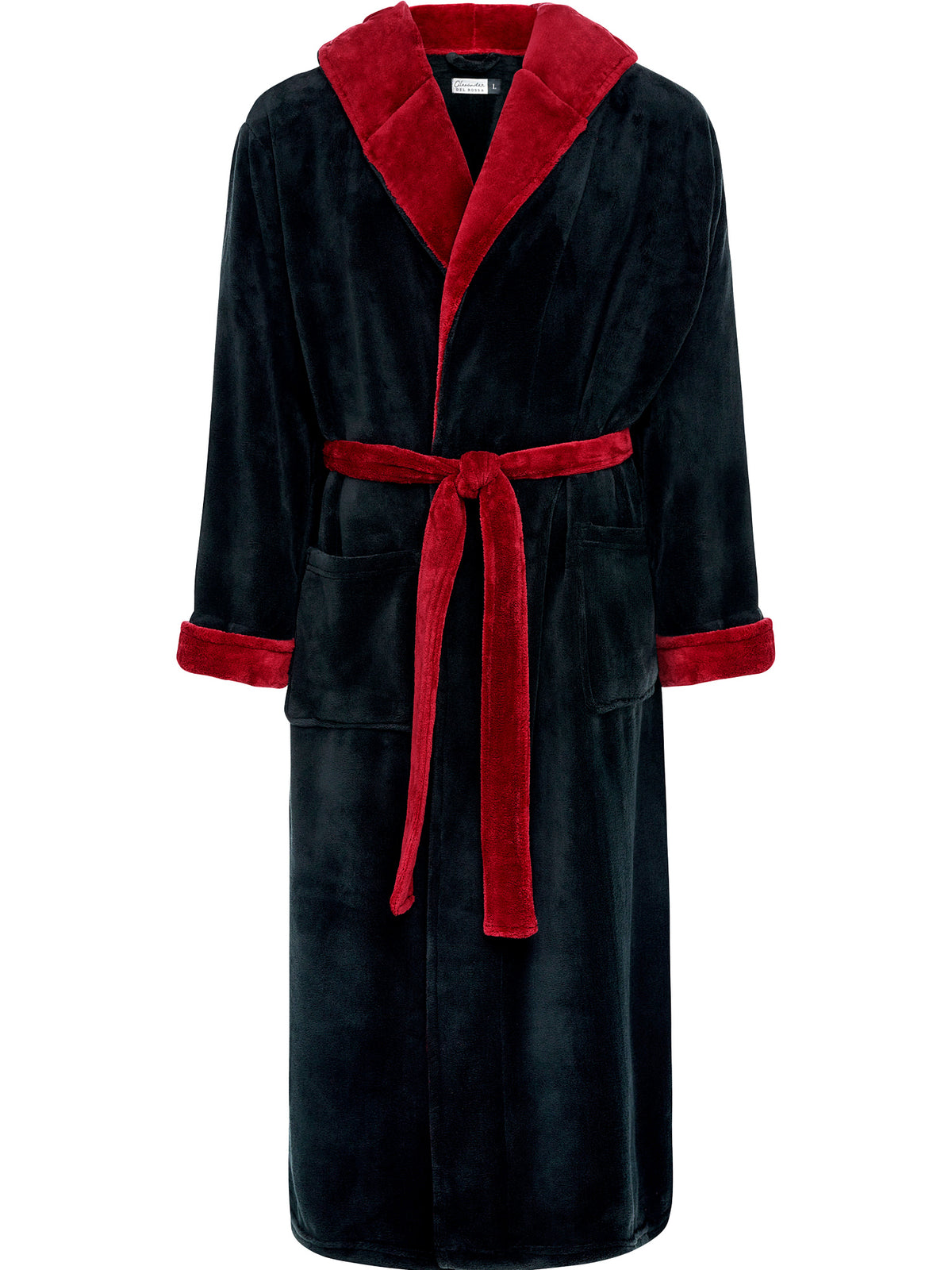 Men's Black with Burgundy Contrast Plush Fleece Hooded Bathrobe, Full Length Long Warm Lounge Robe with Hood