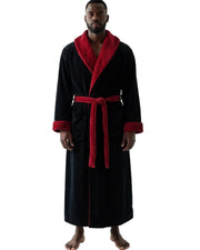 Men's Black with Burgundy Contrast Plush Fleece Hooded Bathrobe, Full Length Long Warm Lounge Robe with Hood