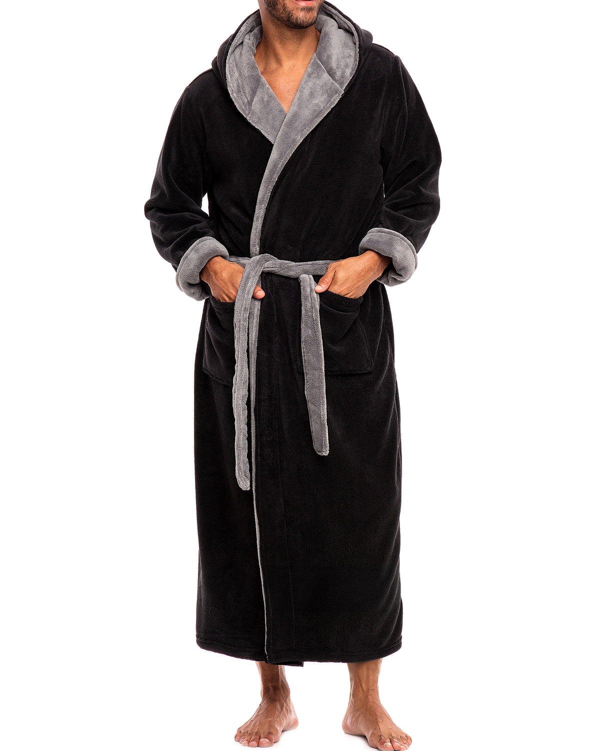 Men's Black with Gray Contrast Plush Fleece Hooded Bathrobe, Full Length Long Warm Lounge Robe with Hood