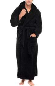 Men's Black Plush Fleece Hooded Bathrobe, Full Length Long Warm Lounge Robe with Hood