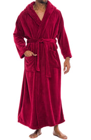 Men's Burgundy Plush Fleece Hooded Bathrobe, Full Length Long Warm Lounge Robe with Hood
