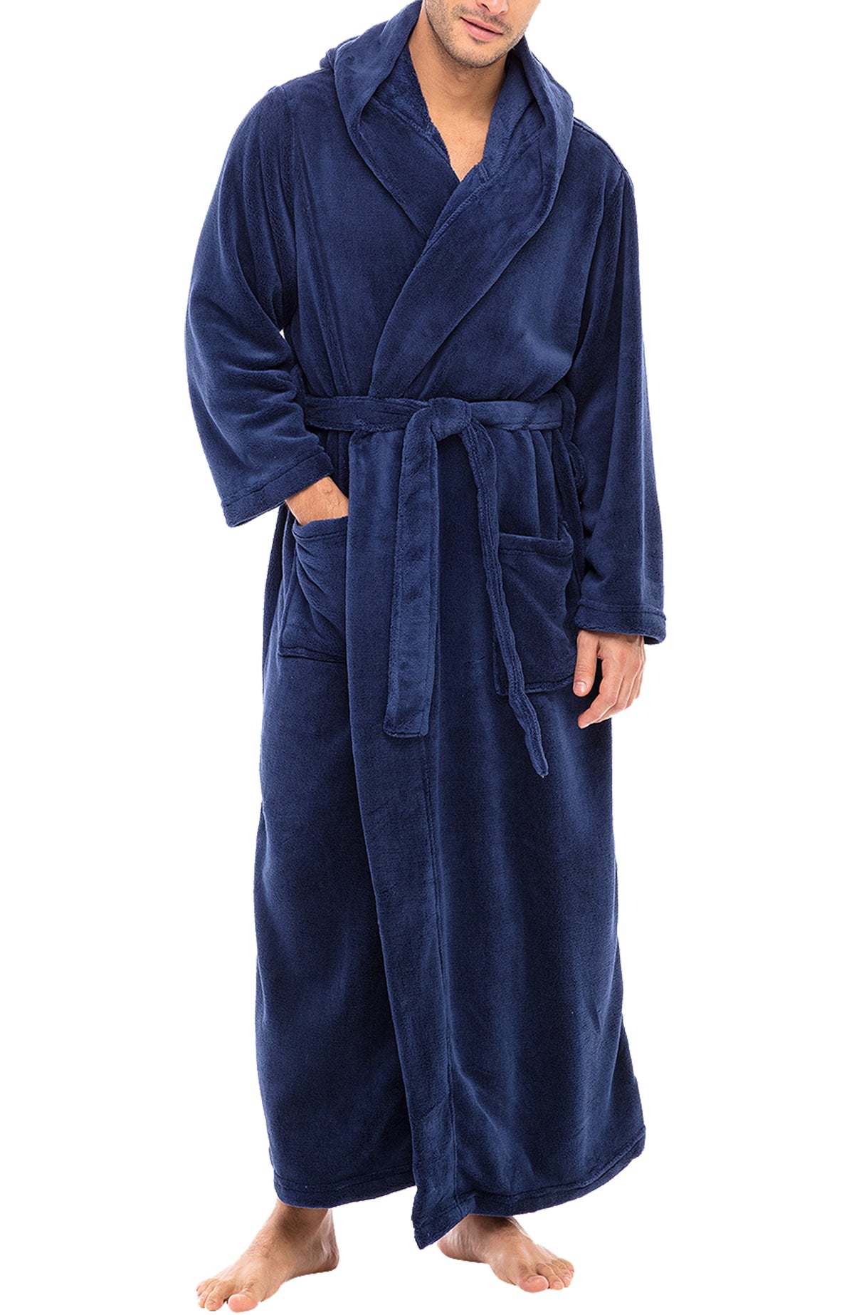 Men's Navy Blue Plush Fleece Hooded Bathrobe, Full Length Long Warm Lounge Robe with Hood