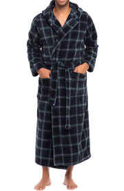 Men's Blue and Green Tartan Plaid Plush Fleece Hooded Bathrobe, Full Length Long Warm Lounge Robe with Hood