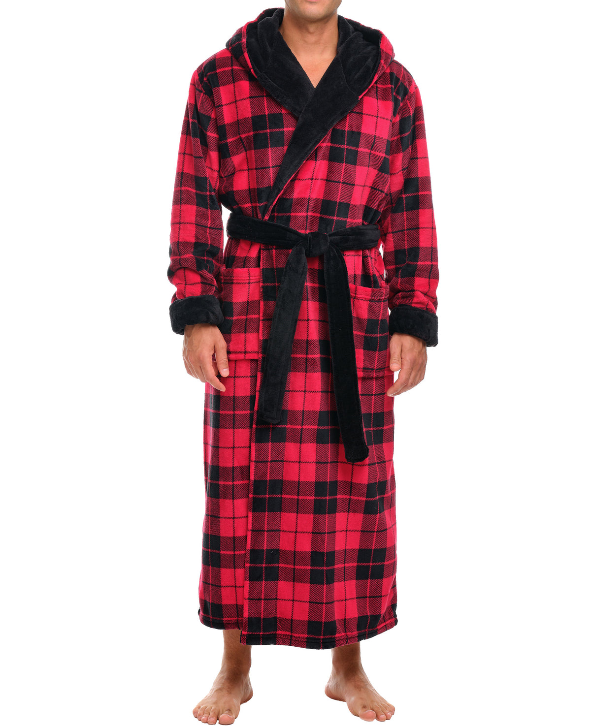 Men's Red Black Plaid Contrast Plush Fleece Hooded Bathrobe, Full Length Long Warm Lounge Robe with Hood