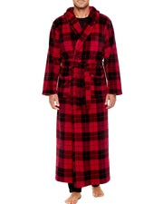 Men's Red Black Plaid Plush Fleece Hooded Bathrobe, Full Length Long Warm Lounge Robe with Hood