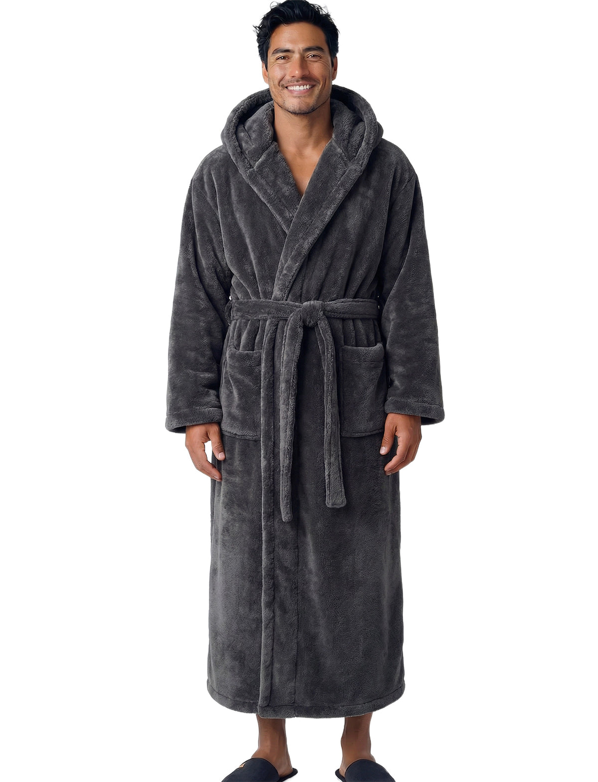 Men's Graphite Gray Plush Fleece Hooded Bathrobe, Full Length Long Warm Lounge Robe with Hood