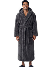 Men's Graphite Gray Plush Fleece Hooded Bathrobe, Full Length Long Warm Lounge Robe with Hood