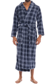 Men's Blue Gray Plaid Plush Fleece Hooded Bathrobe, Full Length Long Warm Lounge Robe with Hood