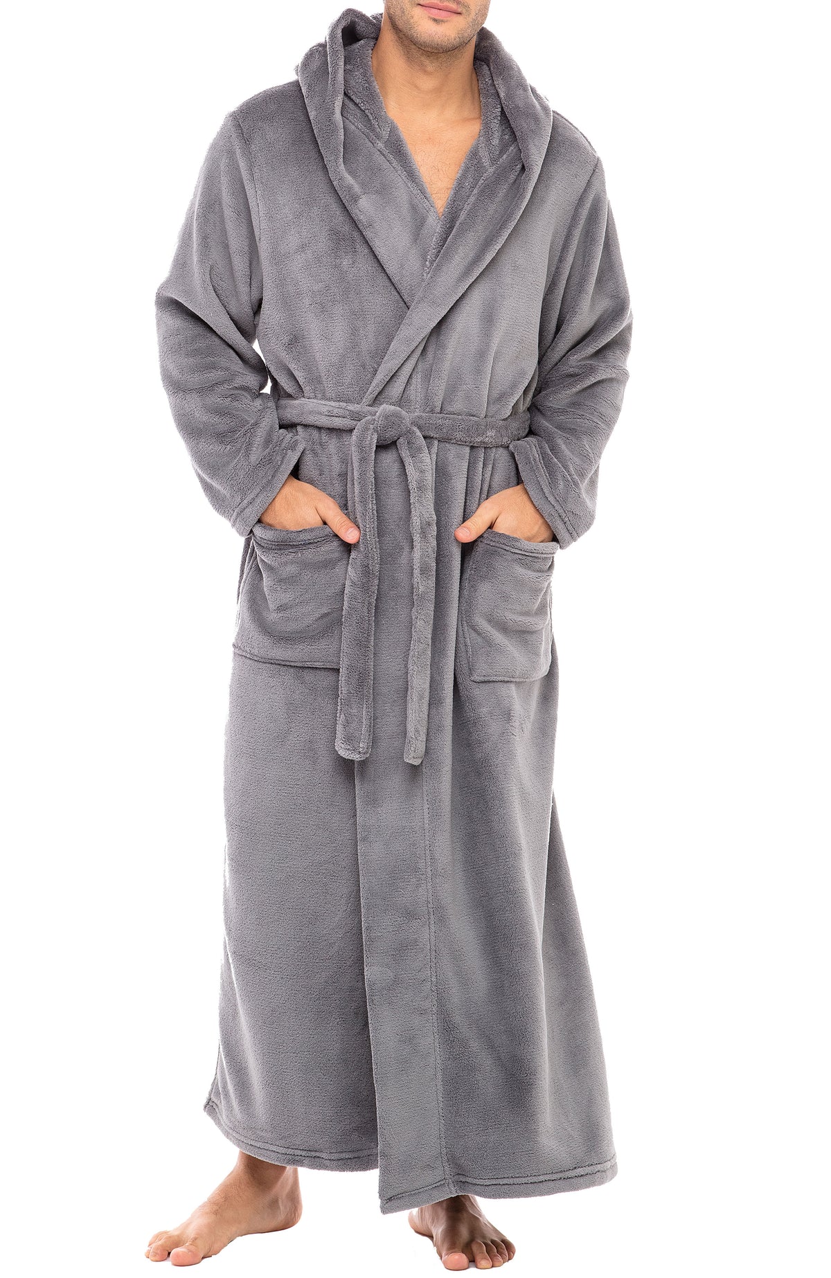 Men's Steel Gray Plush Fleece Hooded Bathrobe, Full Length Long Warm Lounge Robe with Hood