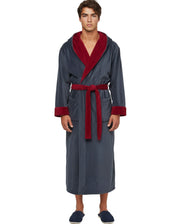 Men's Blue and Burgundy Plush Fleece Hooded Bathrobe, Full Length Long Warm Lounge Robe with Hood