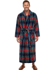 Men's Classic Tartan Plaid Blue Plush Fleece Hooded Bathrobe, Full Length Long Warm Lounge Robe with Hood