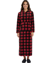 Women's Red Black Buffalo Check Plush Sweatshirt Robe with Pockets, Long Hooded Fleece Duster Kaftan