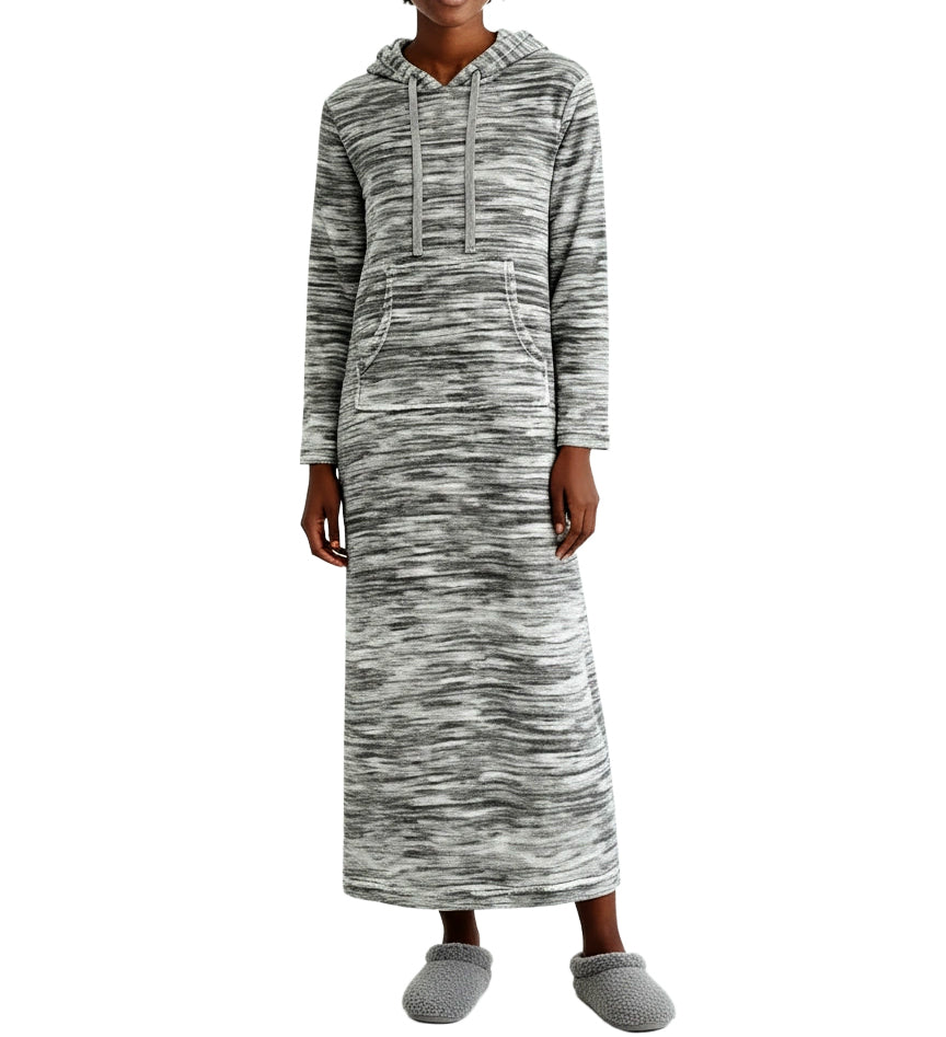 Women's Light Heathered Gray Plush Sweatshirt Robe with Pockets, Long Hooded Fleece Duster Kaftan