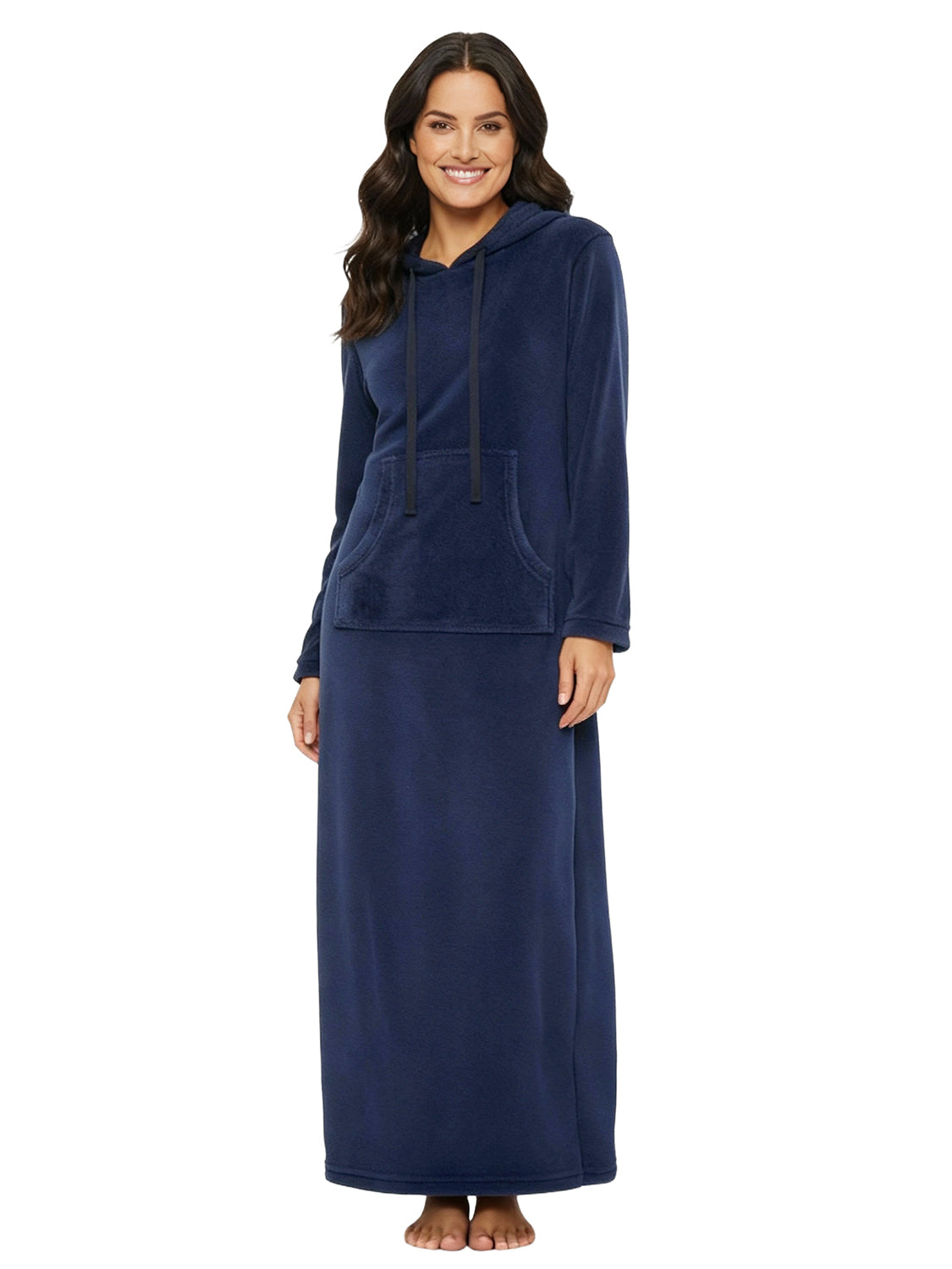 Women's Navy Blue Plush Sweatshirt Robe with Pockets, Long Hooded Fleece Duster Kaftan