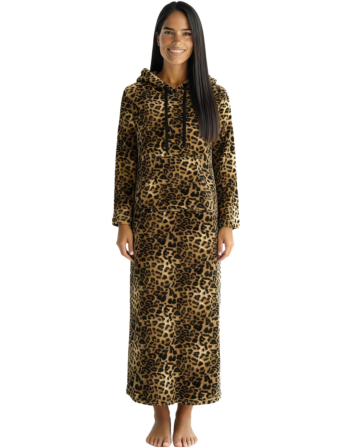 Women's Leopard Print Plush Sweatshirt Robe with Pockets, Long Hooded Fleece Duster Kaftan
