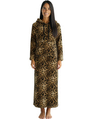 Women's Leopard Print Plush Sweatshirt Robe with Pockets, Long Hooded Fleece Duster Kaftan