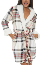 Women's Designer Plaid Classic Plush Robe, Short Fleece Bathrobe Solids