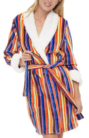 Women's Candy Striped Classic Plush Robe, Short Fleece Bathrobe Solids