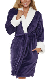 Women's Purple Classic Plush Robe, Short Fleece Bathrobe Solids