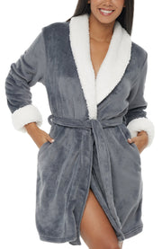 Women's Steel Gray Classic Plush Robe, Short Fleece Bathrobe Solids